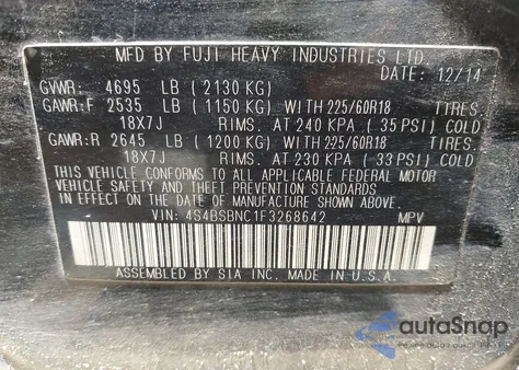 2015 Subaru Outback 2.5I Limited z USA, uszkodzony, nr VIN 4S4BSBNC1F3268642